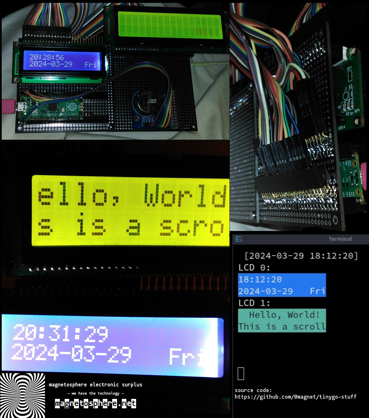 RPI Pico HD44780 LCD DS1307 RTC hackable real time clock and scrolling message text using tinygo – prototype